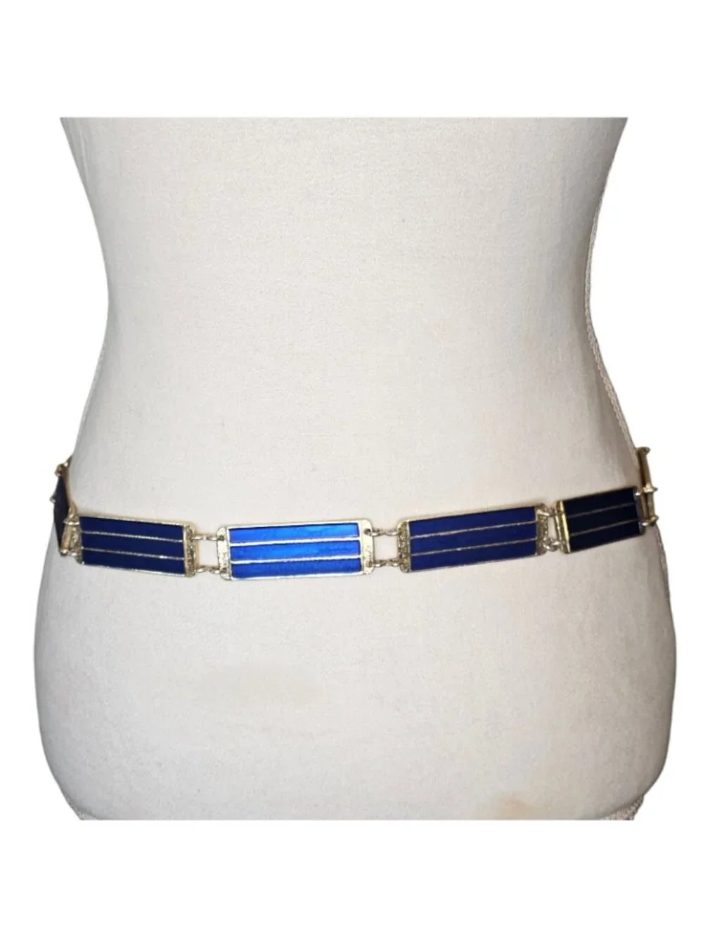 1930s Art Deco Gold Blue Enameled Link Waist Belt Gold Plated Vermeil Sz M 33-35